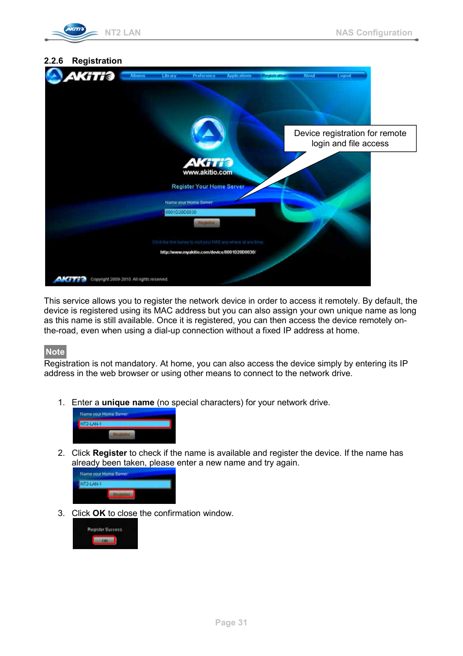 6 registration, Registration | AKiTiO NT2 LAN User Manual | Page 34 / 60