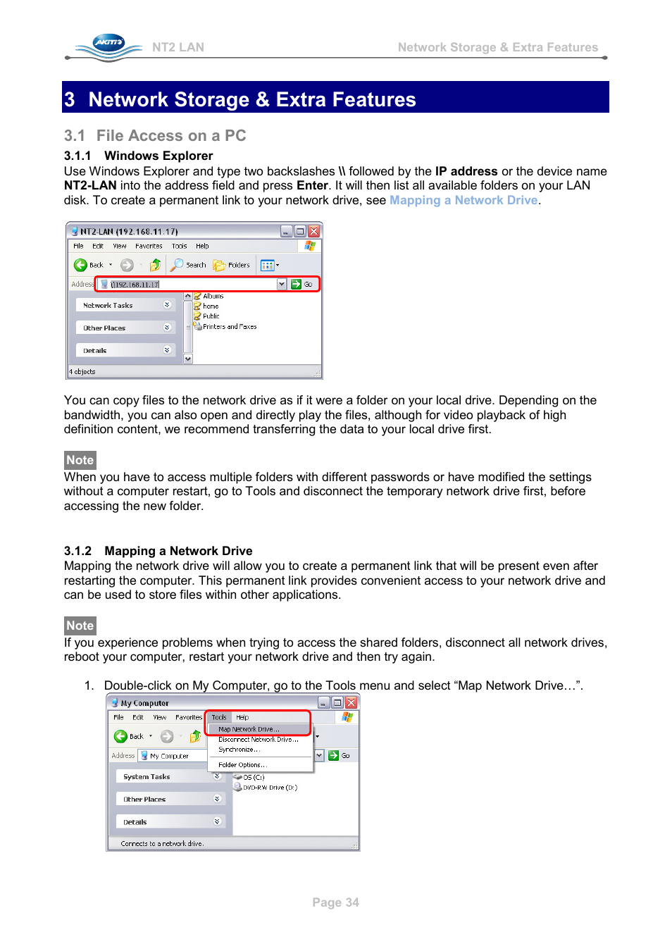 3 network storage & extra features, 1 file access on a pc, 1 windows explorer | 2 mapping a network drive, Network storage & extra features, File access on a pc, Windows explorer, Mapping a network drive | AKiTiO NT2 LAN User Manual | Page 37 / 60