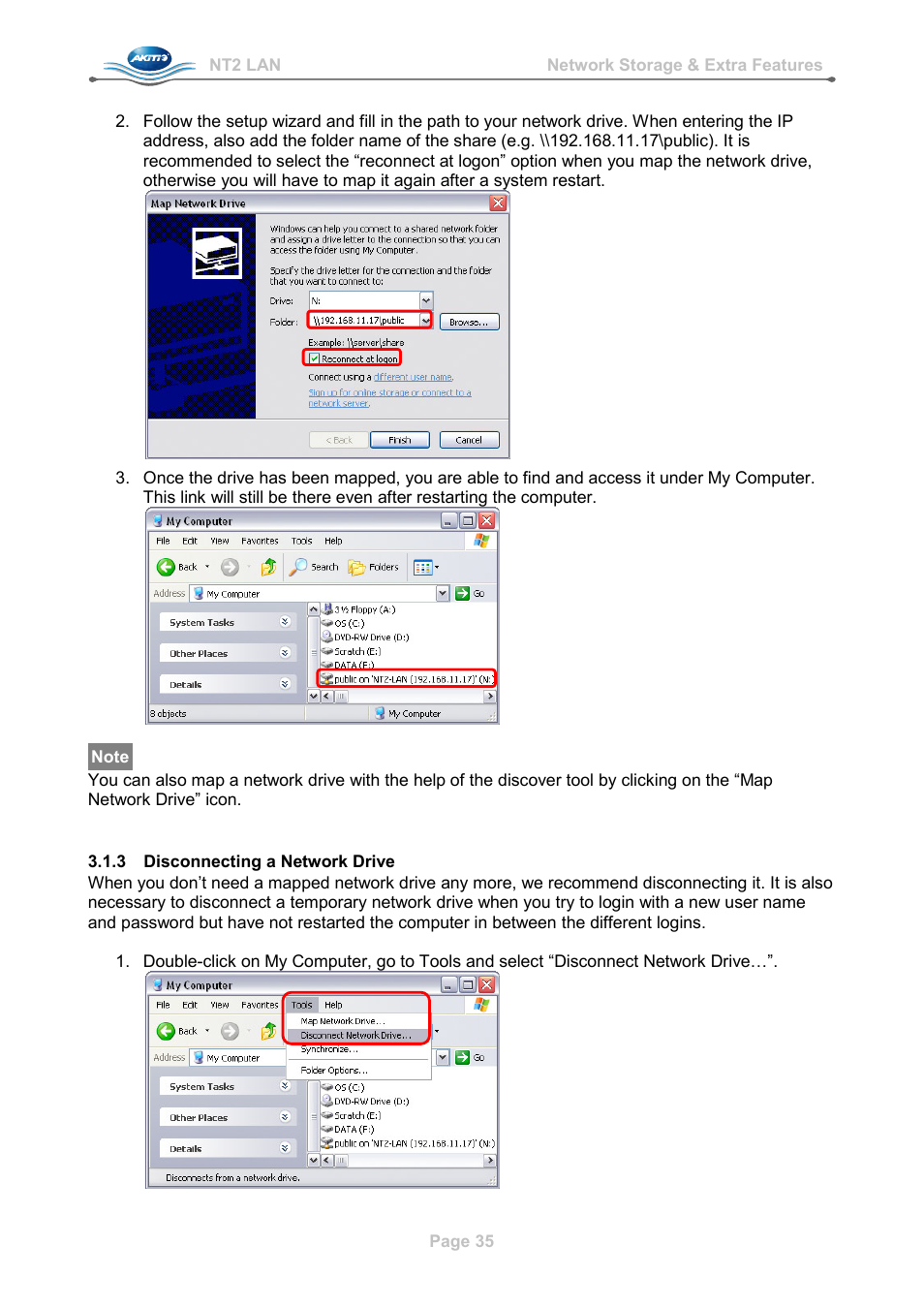 3 disconnecting a network drive, Disconnecting a network drive | AKiTiO NT2 LAN User Manual | Page 38 / 60