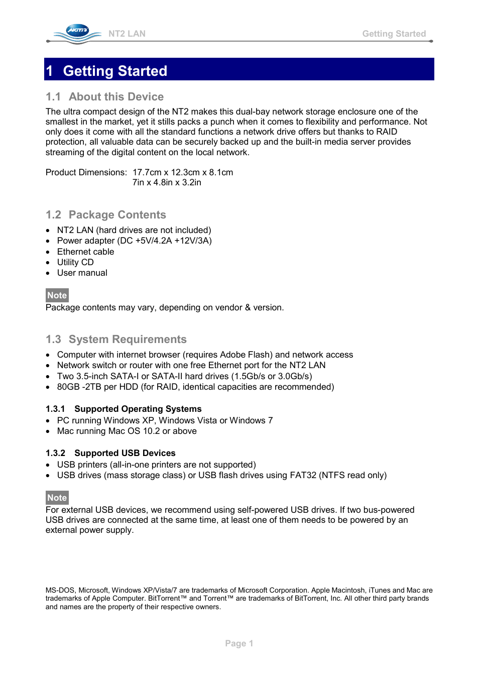 1 getting started, 1 about this device, 2 package contents | 3 system requirements, 1 supported operating systems, 2 supported usb devices, Getting started, About this device, Package contents, System requirements | AKiTiO NT2 LAN User Manual | Page 4 / 60