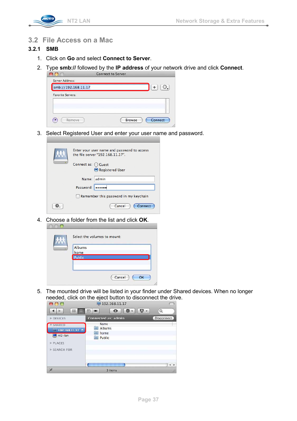 2 file access on a mac, 1 smb, File access on a mac | AKiTiO NT2 LAN User Manual | Page 40 / 60