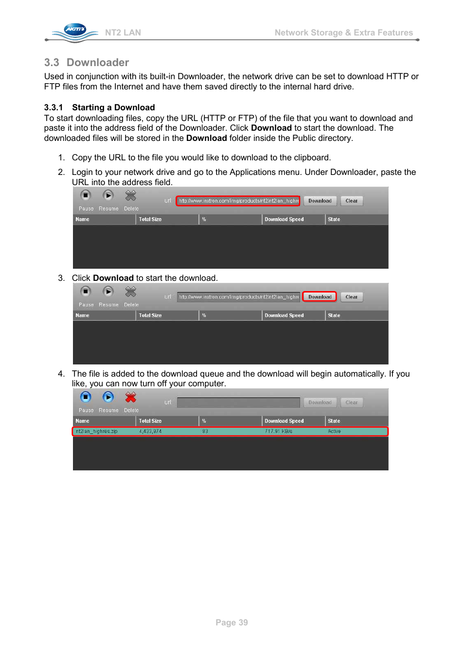 3 downloader, 1 starting a download, Downloader | Starting a download | AKiTiO NT2 LAN User Manual | Page 42 / 60