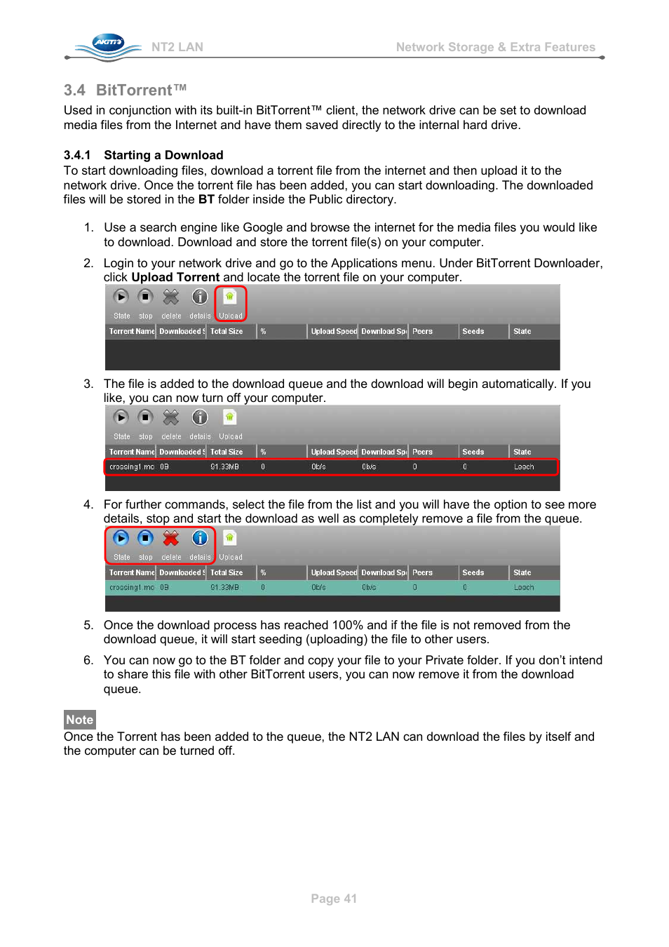 4 bittorrent, 1 starting a download, Bittorrent | Starting a download | AKiTiO NT2 LAN User Manual | Page 44 / 60