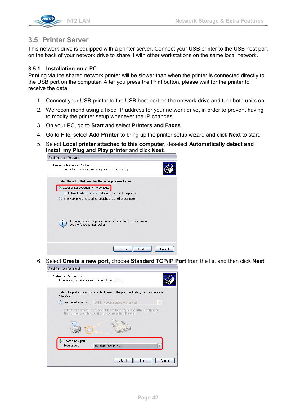 5 printer server, 1 installation on a pc, Printer server | Installation on a pc | AKiTiO NT2 LAN User Manual | Page 45 / 60