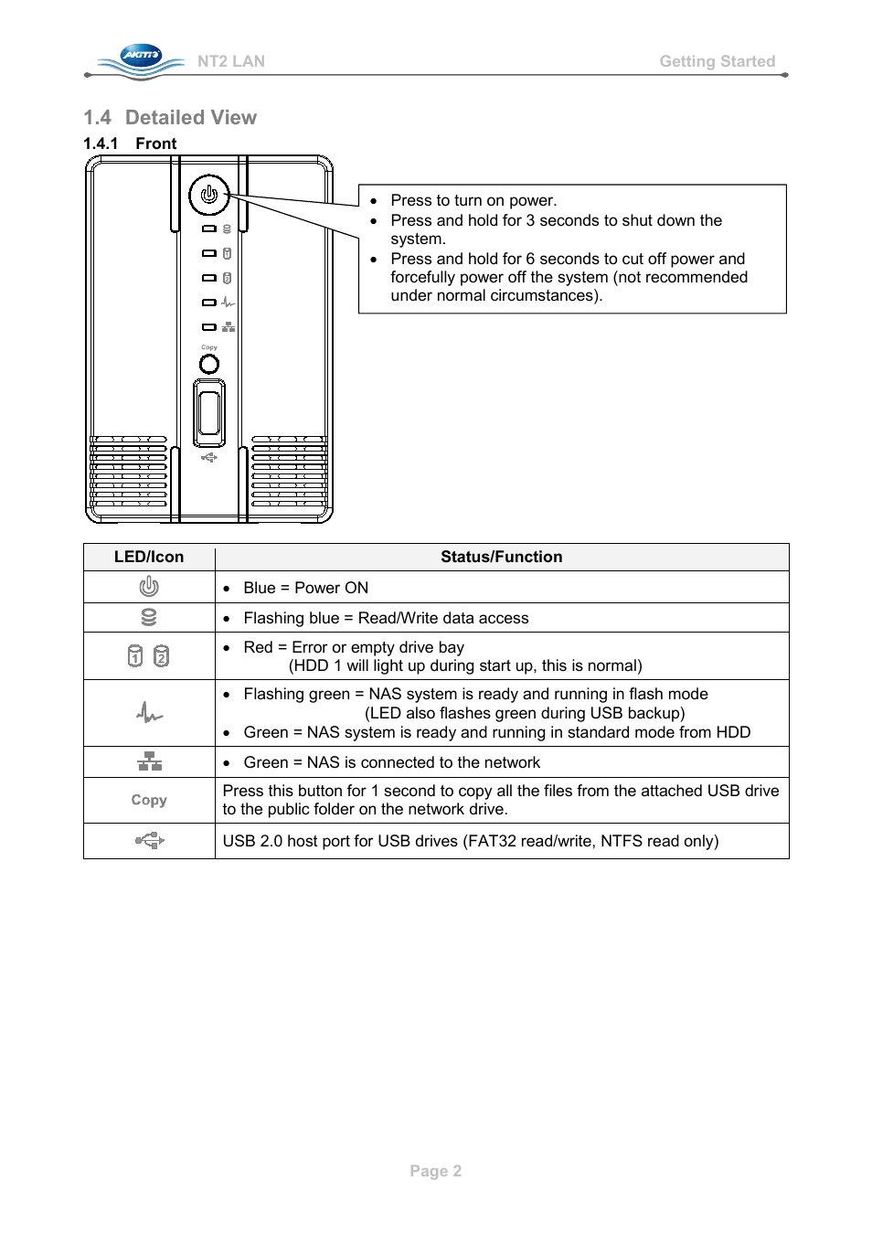 4 detailed view, 1 front, Detailed view | Front | AKiTiO NT2 LAN User Manual | Page 5 / 60