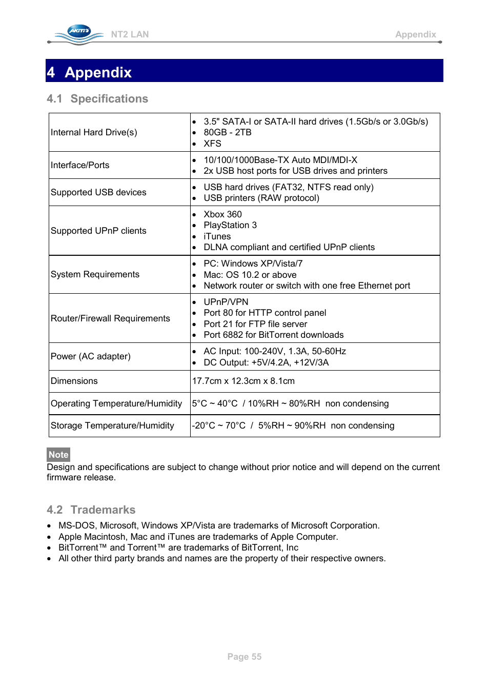 4 appendix, 1 specifications, 2 trademarks | Appendix, Specifications, Trademarks | AKiTiO NT2 LAN User Manual | Page 58 / 60