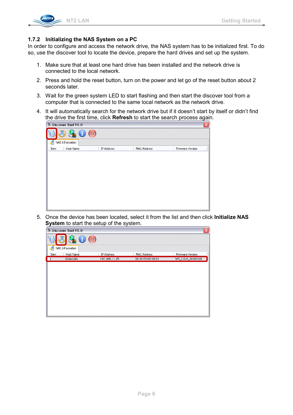 2 initializing the nas system on a pc, Initializing the nas system on a pc | AKiTiO NT2 LAN User Manual | Page 9 / 60