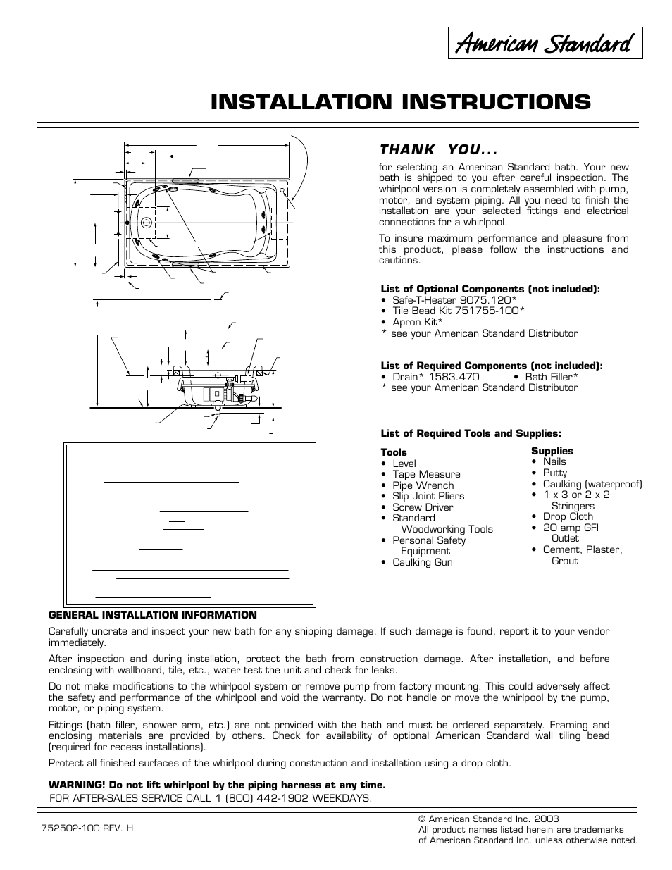 American Standard Cadet Whirlpool /Bathing Pool 2774.XXXW User Manual | 4 pages