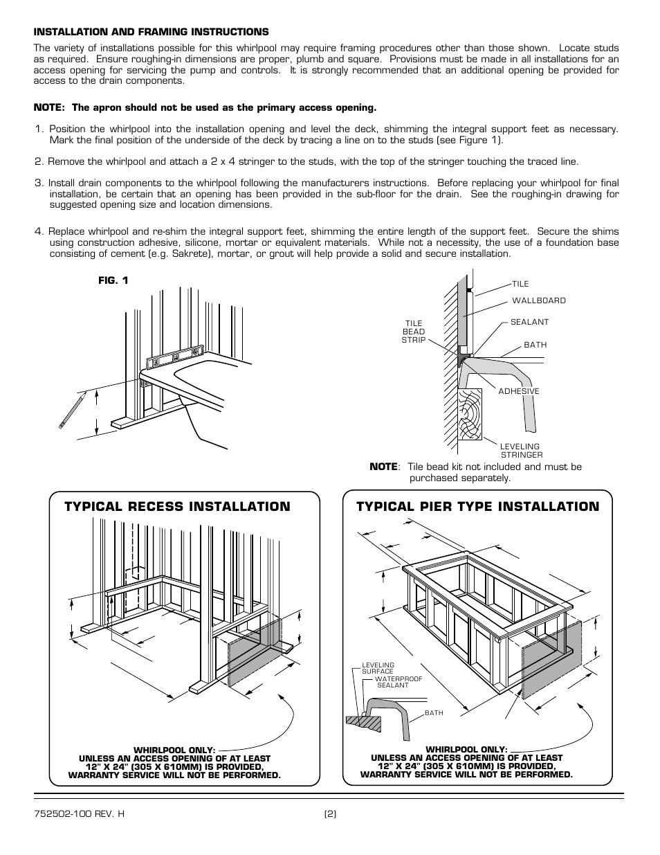 Typical recess installation, Typical pier type installation | American Standard Cadet Whirlpool /Bathing Pool 2774.XXXW User Manual | Page 2 / 4