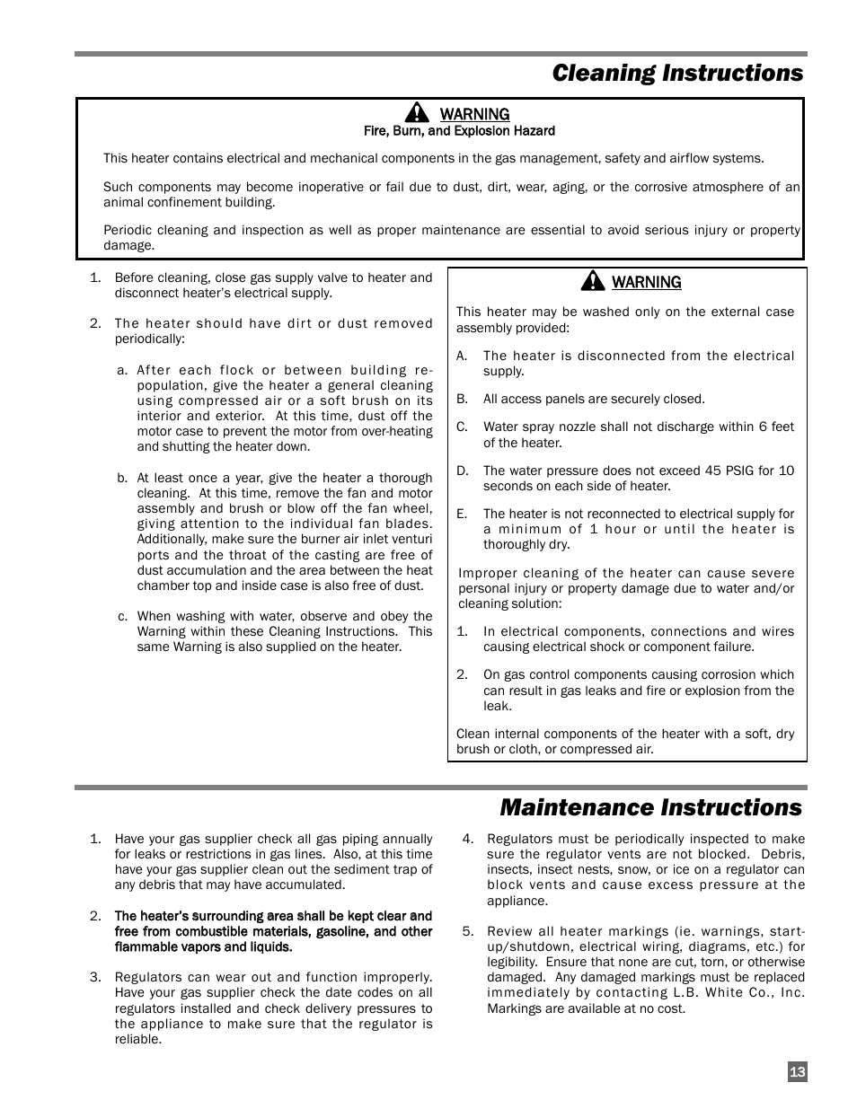 Cleaning instructions, Cleaning instructions maintenance instructions | L.B. White AW100 User Manual | Page 13 / 18