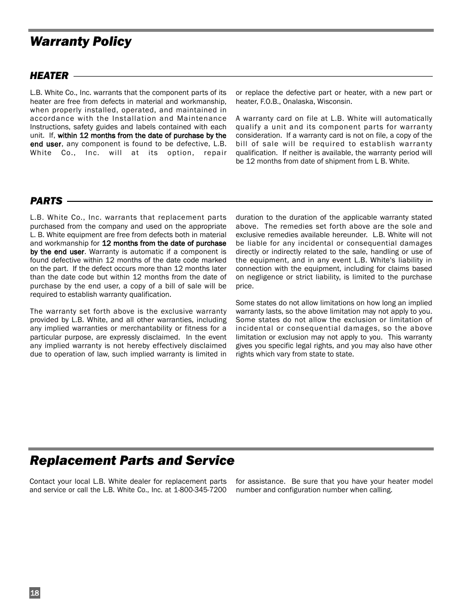 Warranty policy, Warranty policy replacement parts and service, Heater parts | L.B. White AW100 User Manual | Page 18 / 18