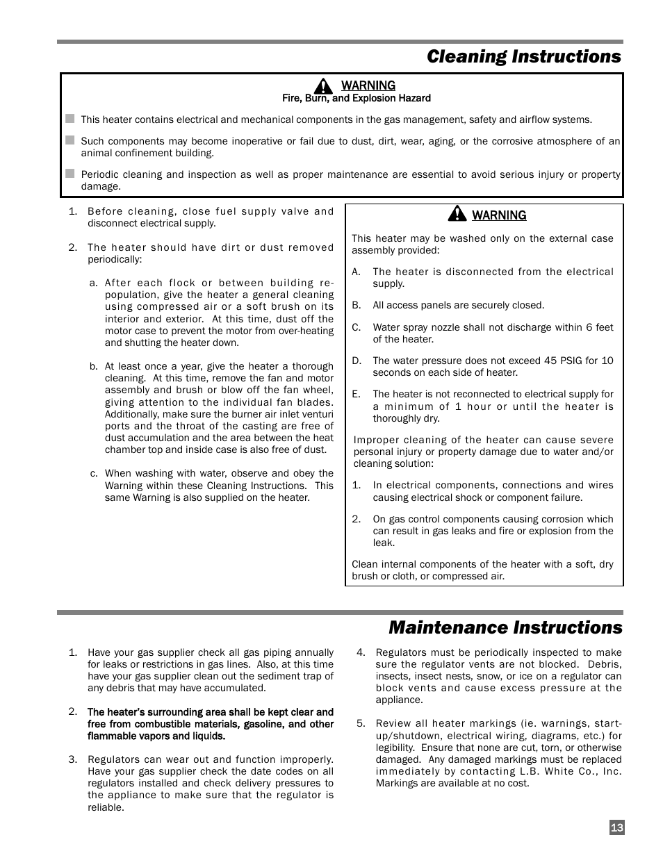 Cleaning instructions, Maintenance instructions, Cleaning instructions maintenance instructions | L.B. White AW325 User Manual | Page 13 / 18