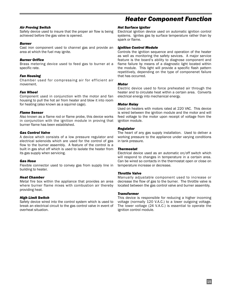 Heater component function | L.B. White AW325 User Manual | Page 15 / 18