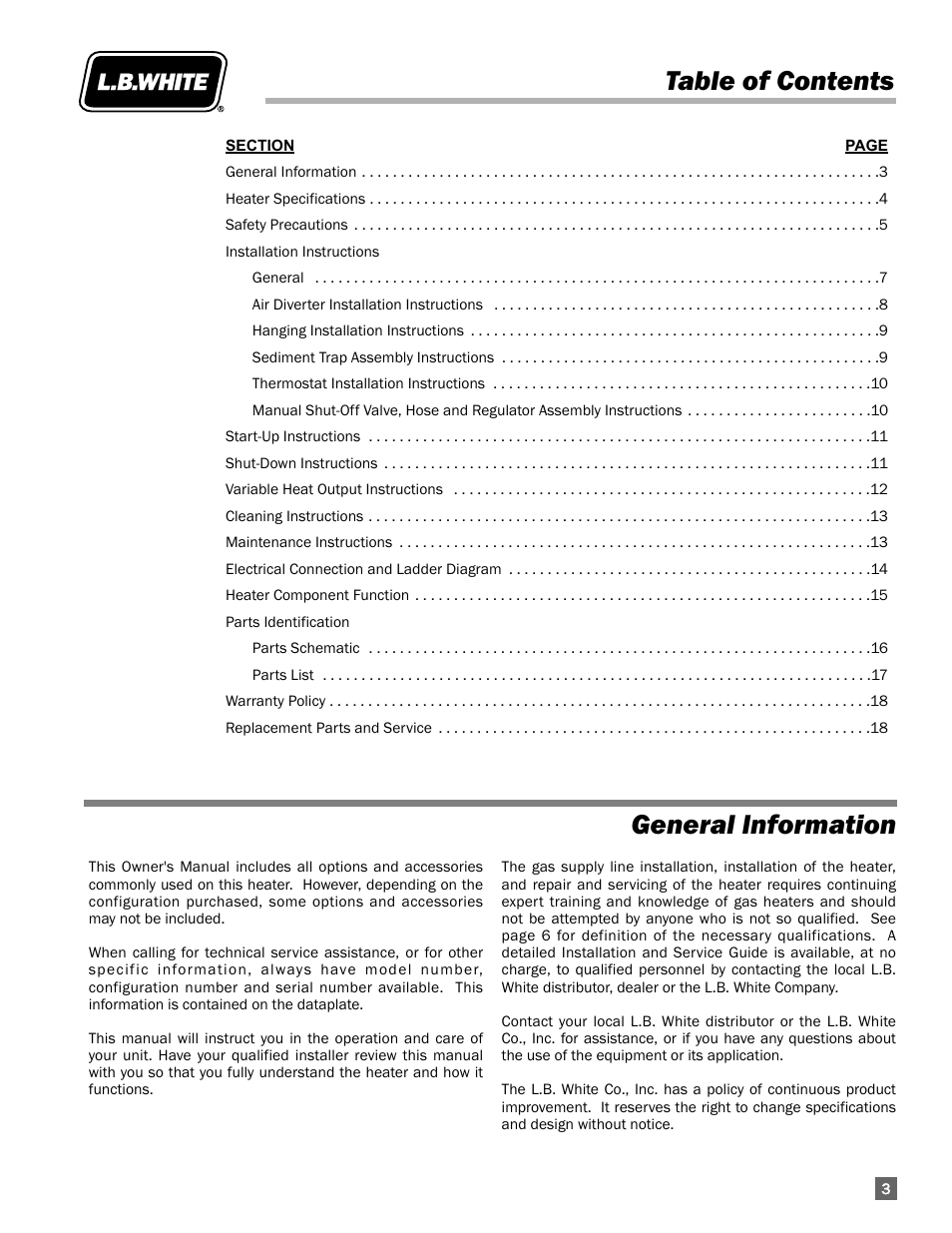 General information, Table of contents general information | L.B. White AW325 User Manual | Page 3 / 18