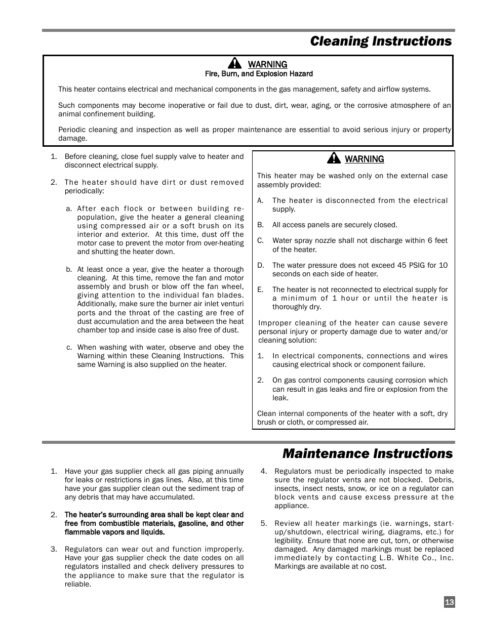 Cleaning instructions, Maintenance instructions, Cleaning instructions maintenance instructions | L.B. White AW250 User Manual | Page 13 / 18