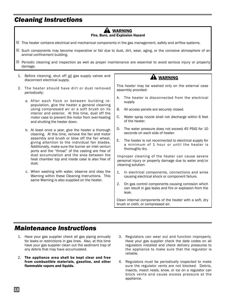 Cleaning instructions, Maintenance instructions, Cleaning instructions maintenance instructions | L.B. White AD250(Spark Ignition) User Manual | Page 14 / 30