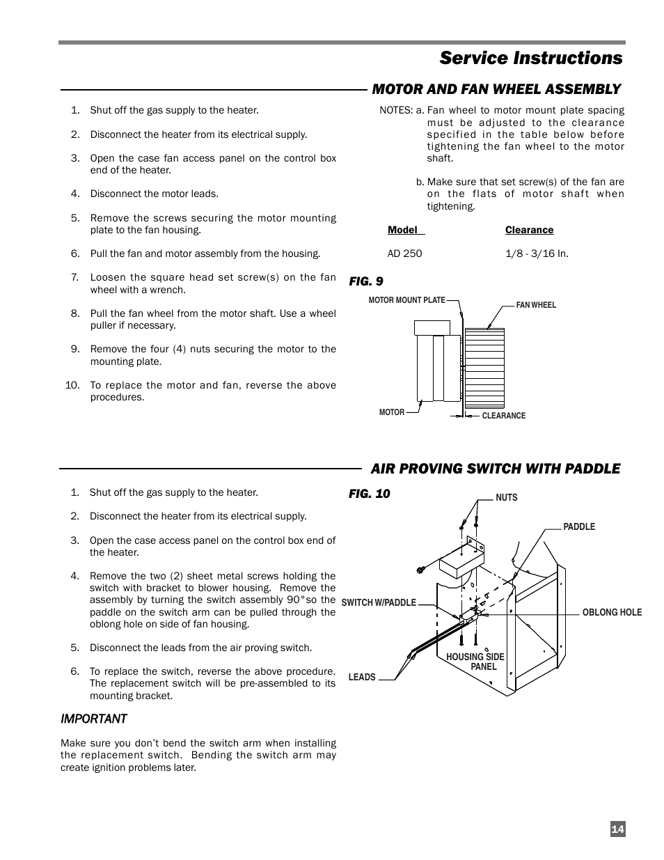 Service instructions, Motor and fan wheel assembly, Air proving switch with paddle | L.B. White AD250(Spark Ignition) User Manual | Page 15 / 30