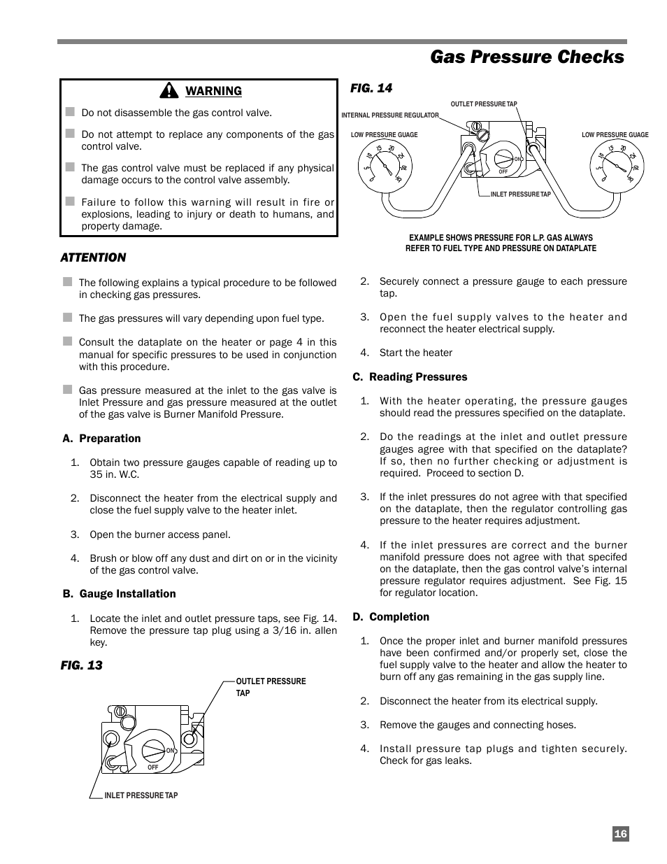 Gas pressure checks | L.B. White AD250(Spark Ignition) User Manual | Page 17 / 30