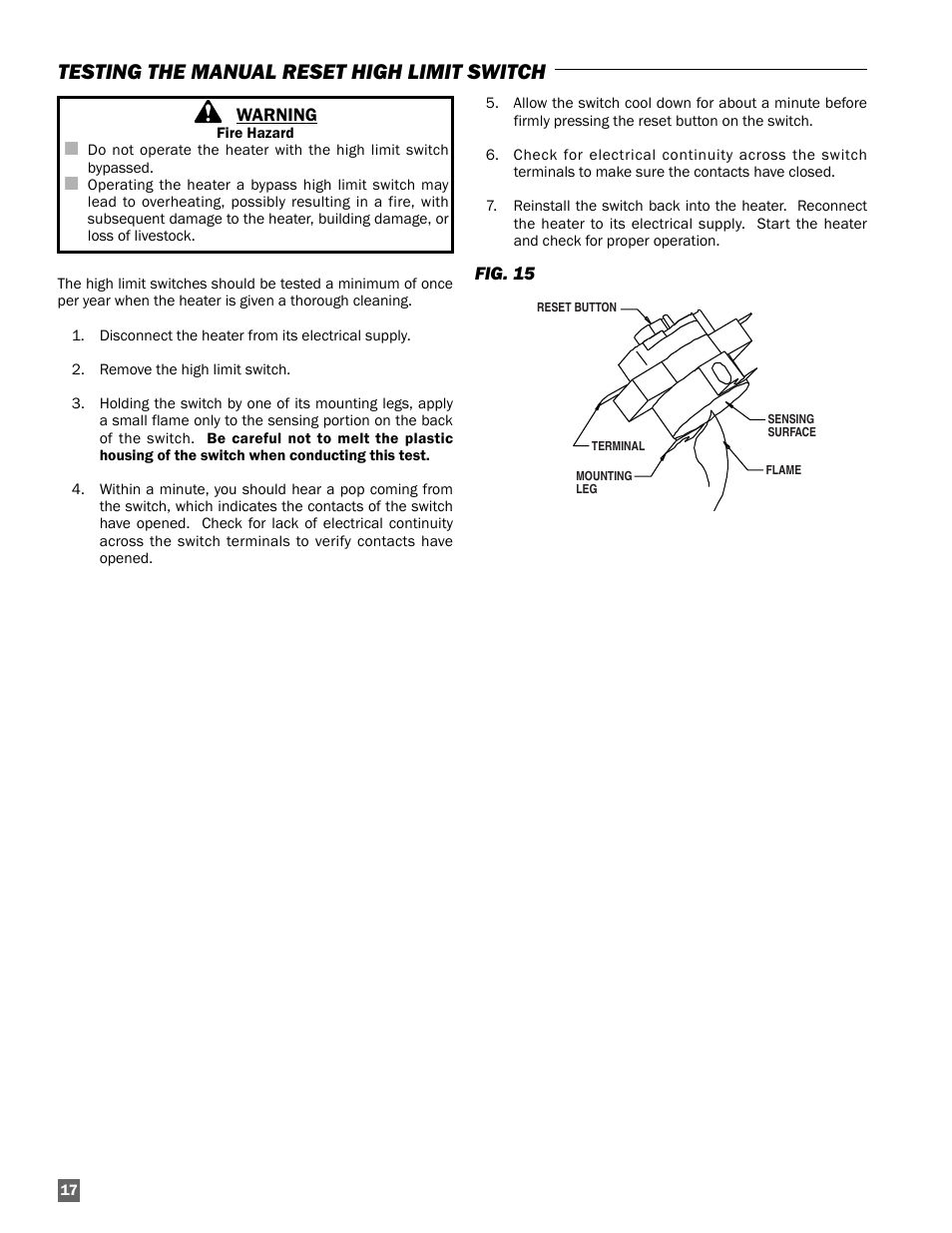 Testing the manual reset high limit switch | L.B. White AD250(Spark Ignition) User Manual | Page 18 / 30