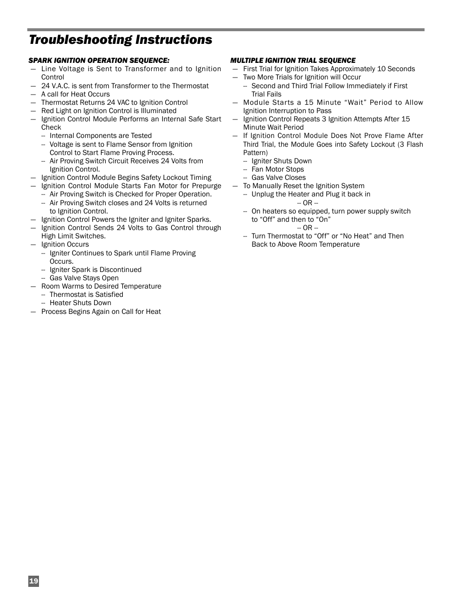 Troubleshooting instructions | L.B. White AD250(Spark Ignition) User Manual | Page 20 / 30