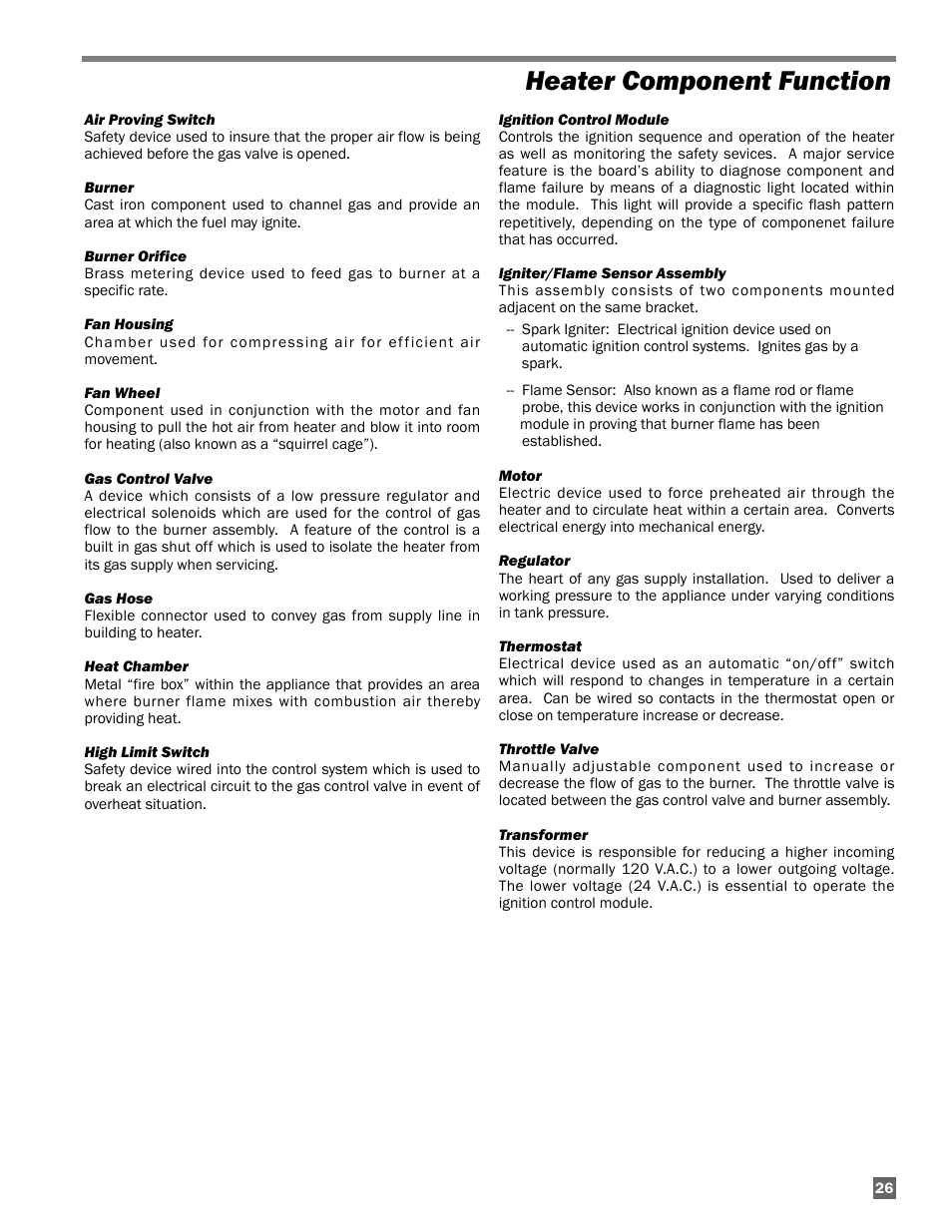 Heater component function | L.B. White AD250(Spark Ignition) User Manual | Page 27 / 30