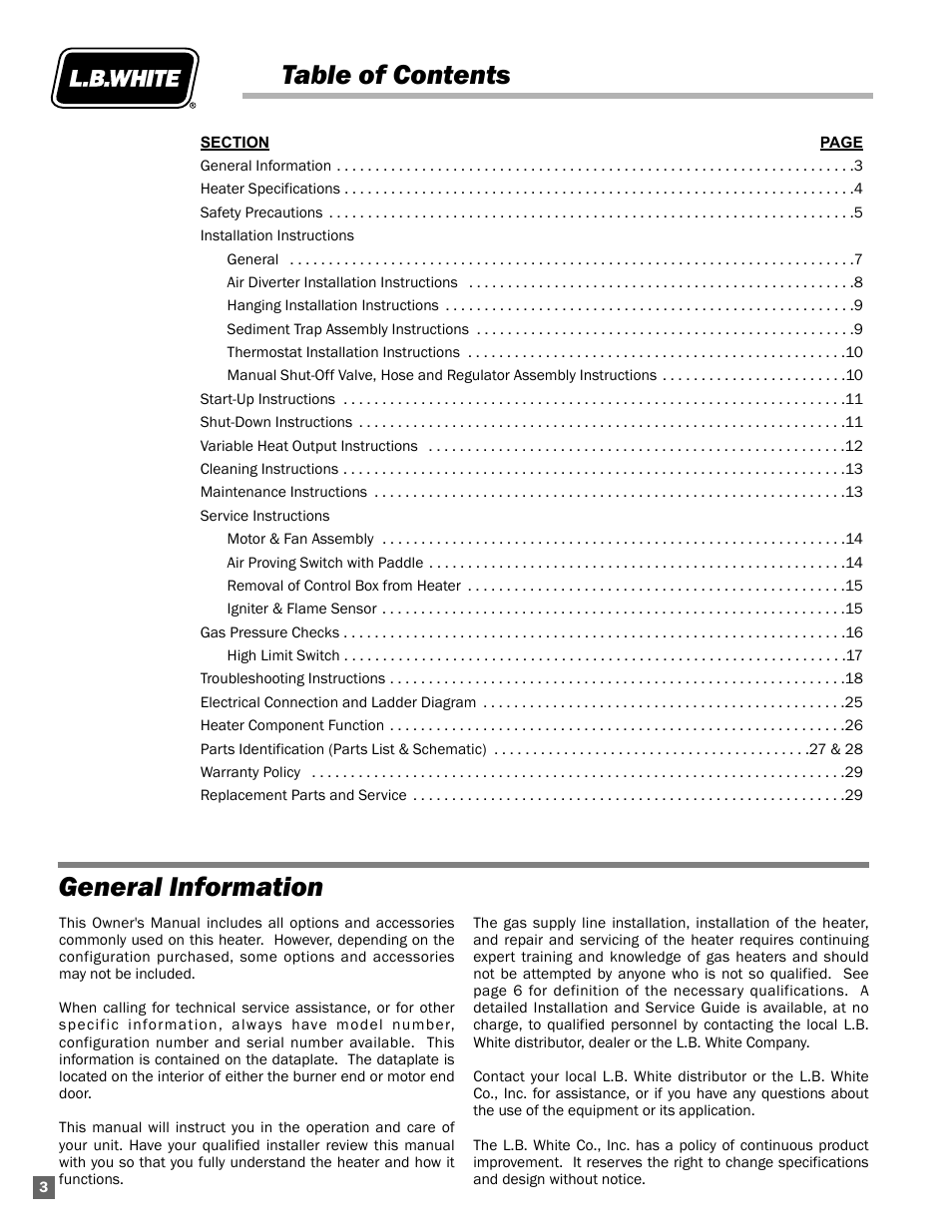 General information, Table of contents general information | L.B. White AD250(Spark Ignition) User Manual | Page 4 / 30