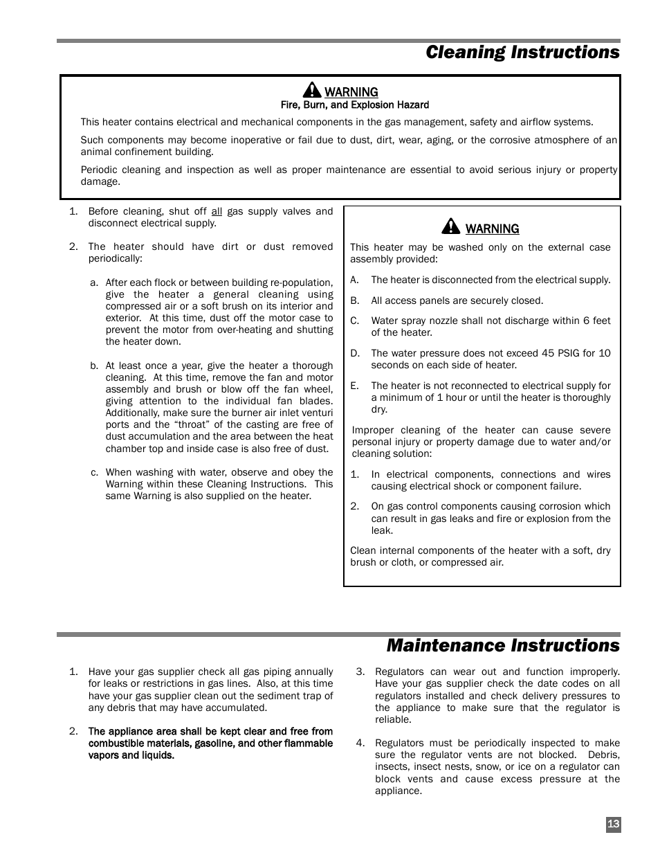 Cleaning instructions, Maintenance instructions, Cleaning instructions maintenance instructions | L.B. White AB250 User Manual | Page 13 / 18