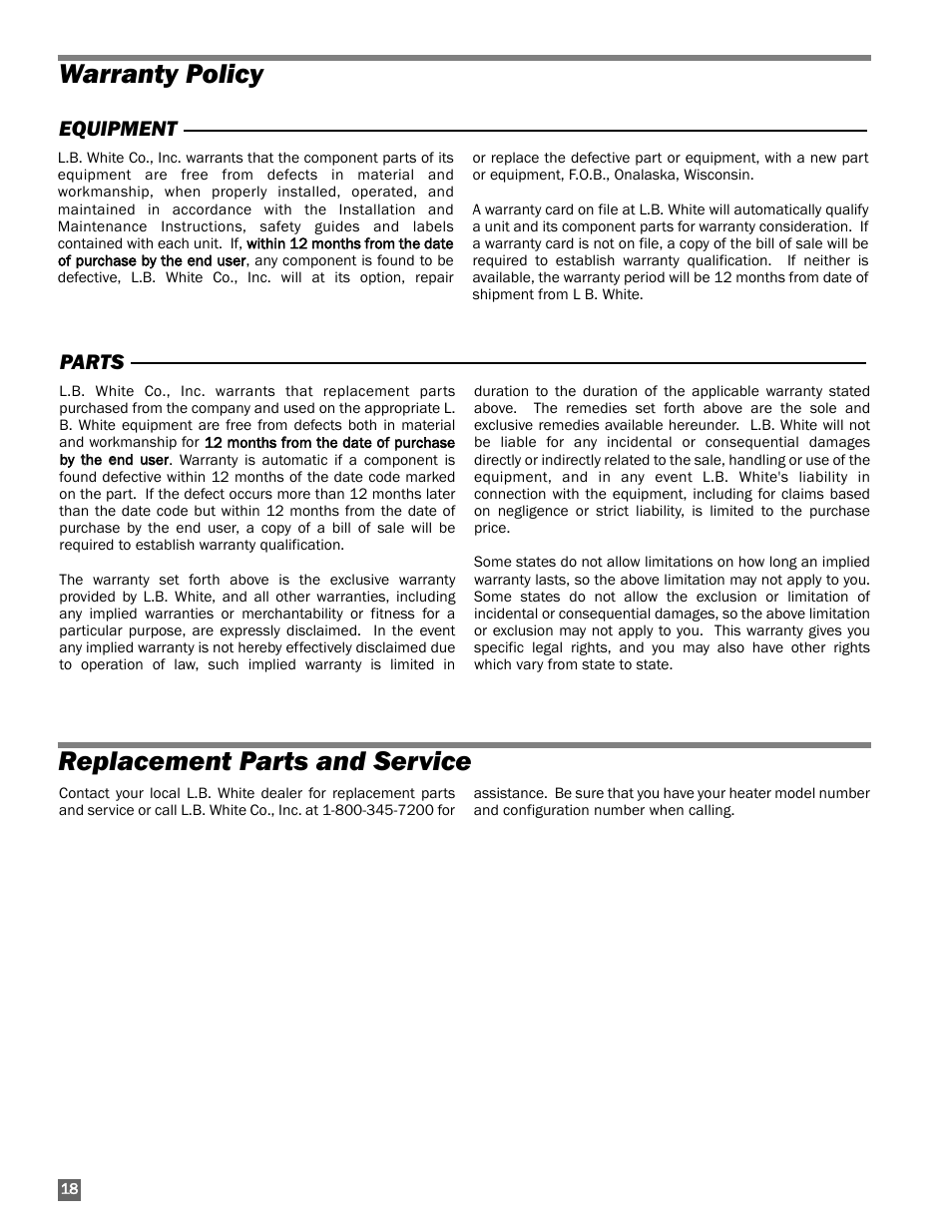 Warranty policy, Parts and service, Warranty policy replacement parts and service | Equipment parts | L.B. White AB250 User Manual | Page 18 / 18