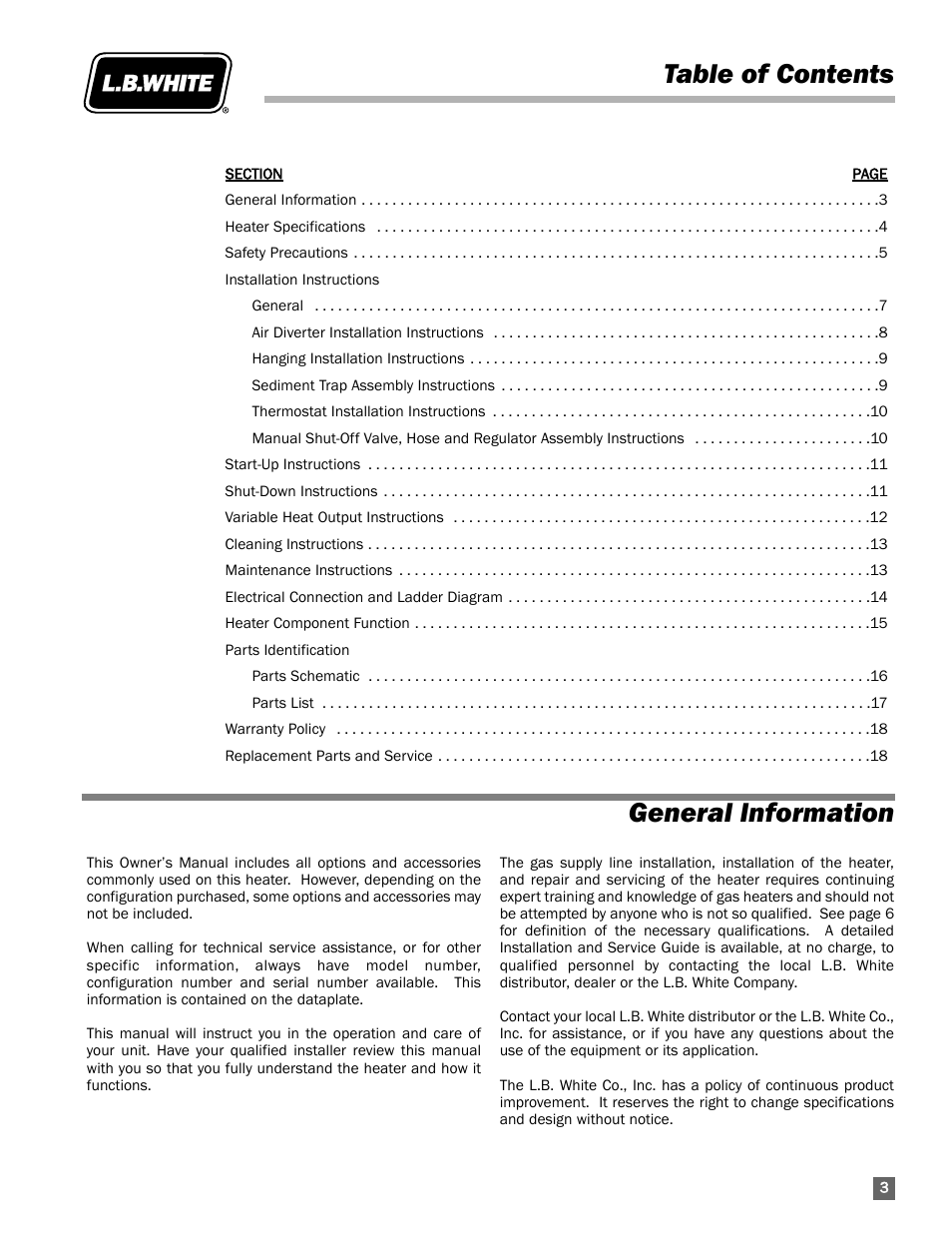 General information, Table of contents general information | L.B. White AB250 User Manual | Page 3 / 18