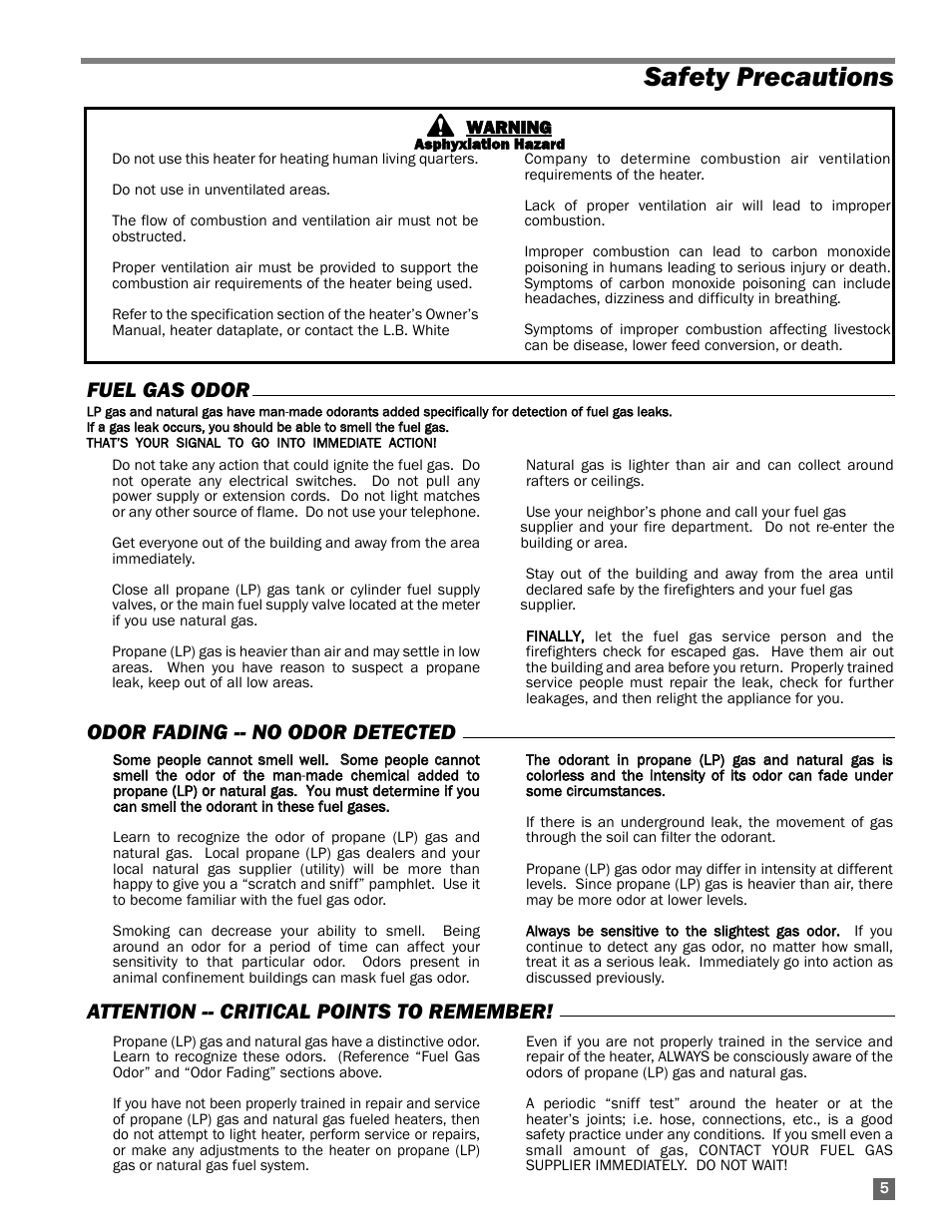 Safety precautions, Attention -- critical points to remember, Fuel gas odor odor fading -- no odor detected | L.B. White AB250 User Manual | Page 5 / 18