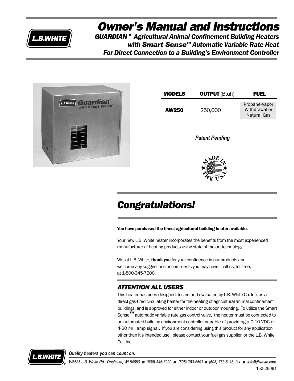 L.B. White AW250(building controller) User Manual | 31 pages