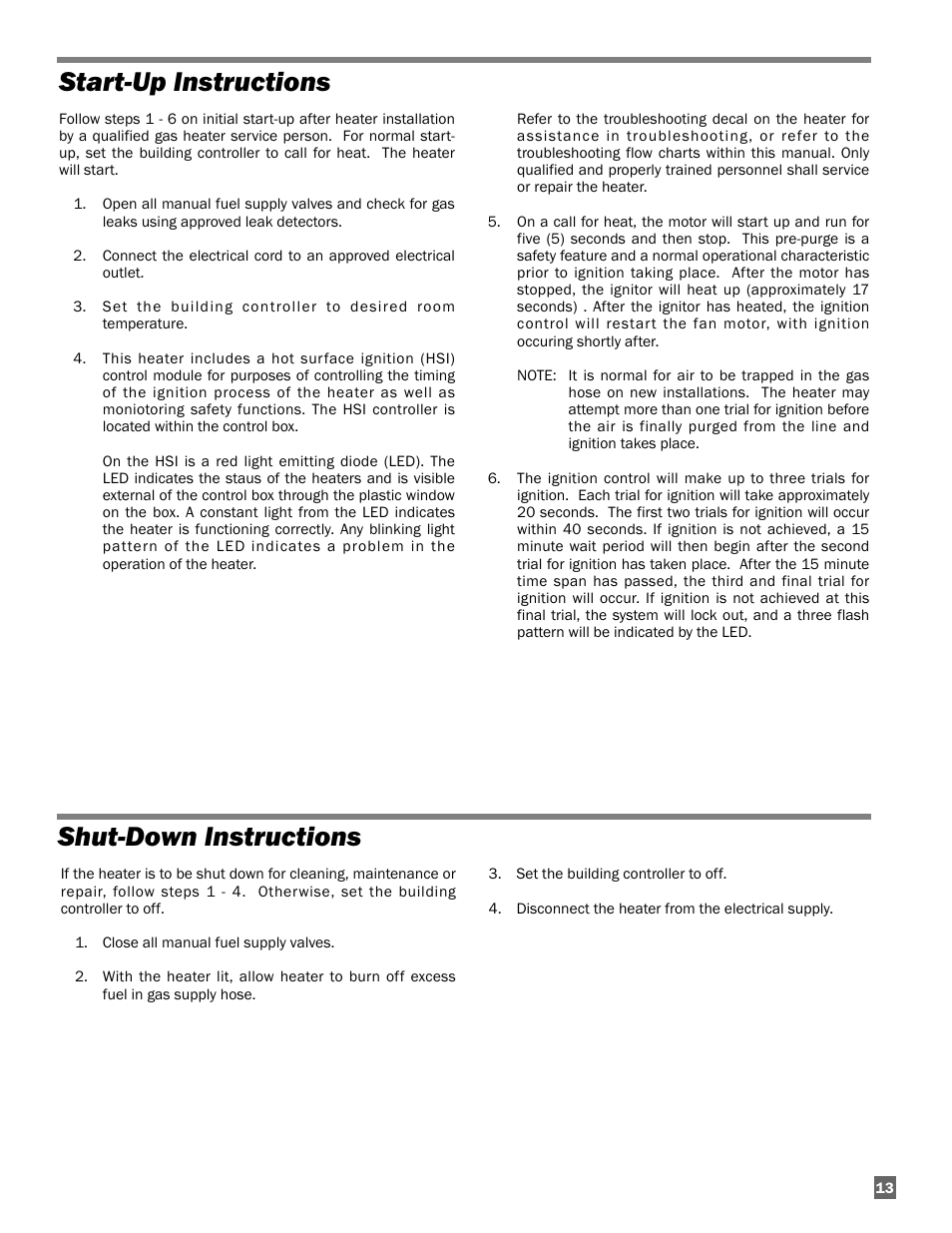 Start-up instructions shut-down instructions | L.B. White AW250(building controller) User Manual | Page 13 / 31