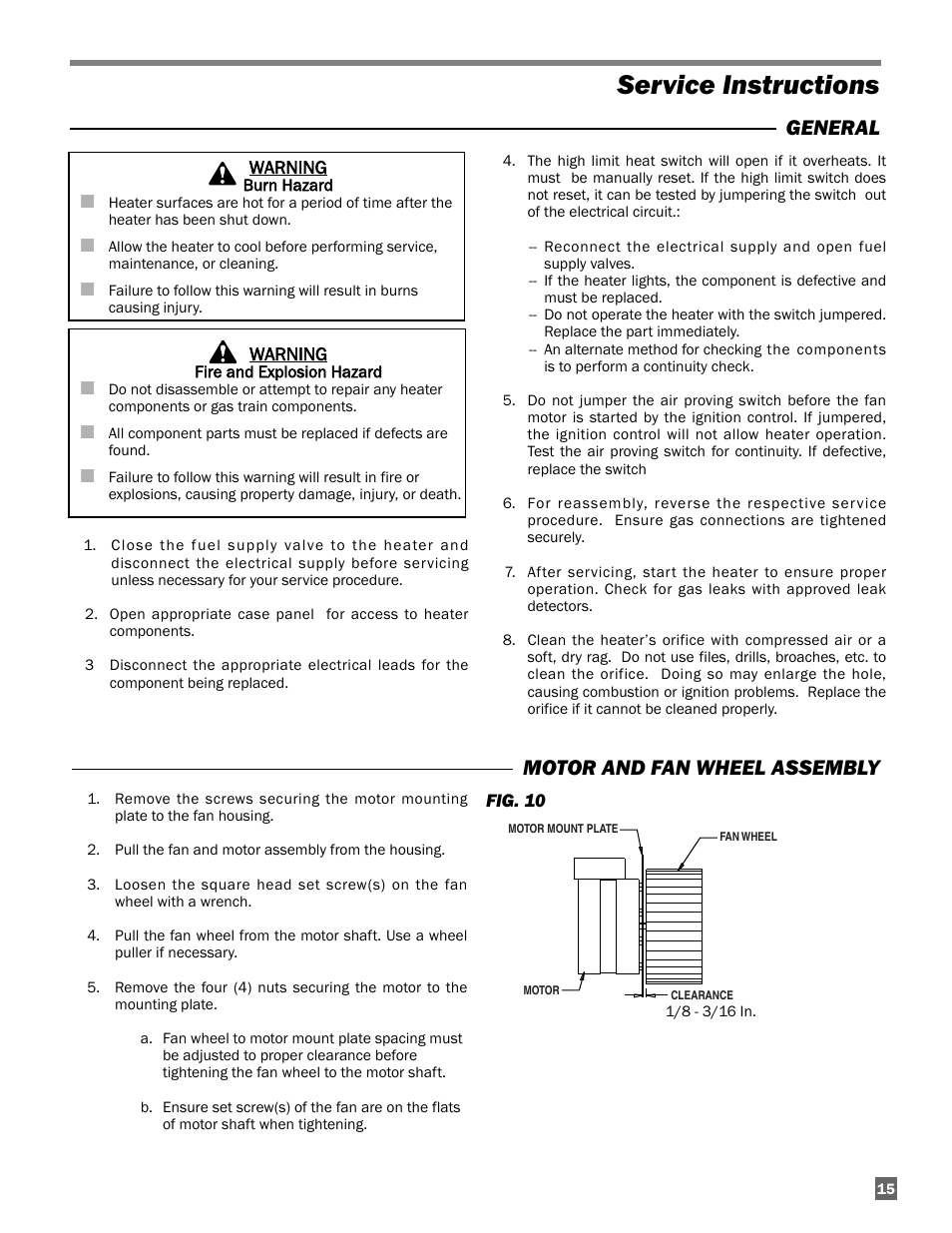 Service instructions, Motor and fan wheel assembly, General | L.B. White AW250(building controller) User Manual | Page 15 / 31