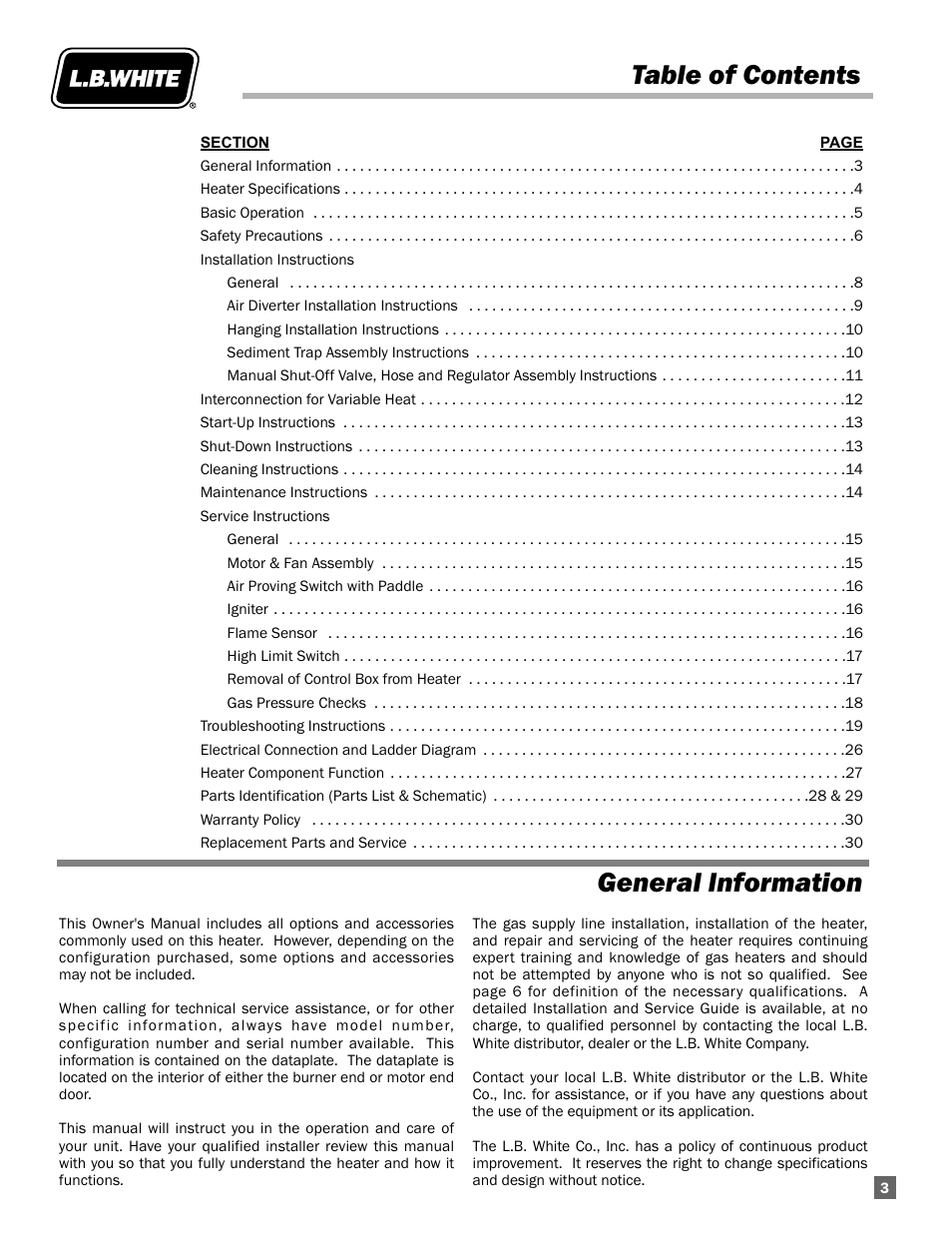 Table of contents general information | L.B. White AW250(building controller) User Manual | Page 3 / 31