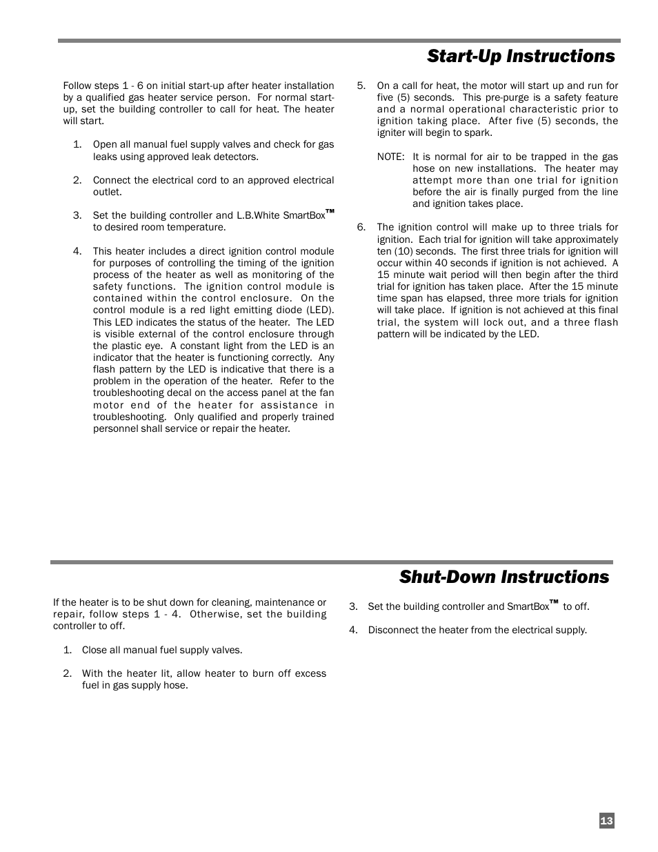 Start-up instructions shut-down instructions | L.B. White AD250 User Manual | Page 13 / 31