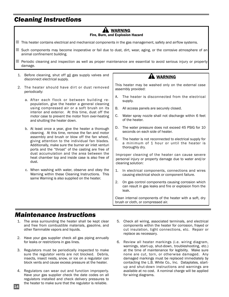 Cleaning instructions maintenance instructions | L.B. White AD250 User Manual | Page 14 / 31