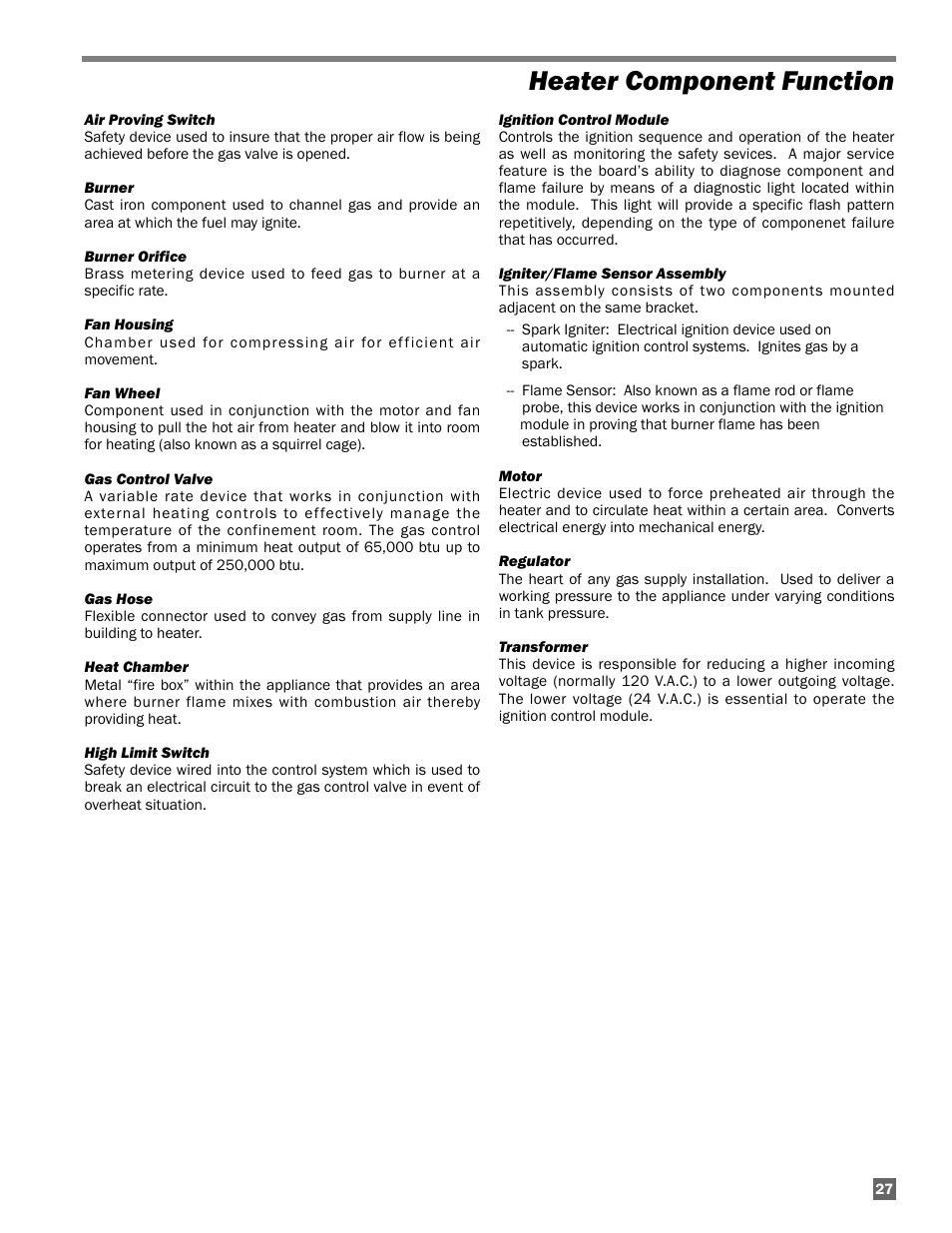 Heater component function | L.B. White AD250 User Manual | Page 27 / 31