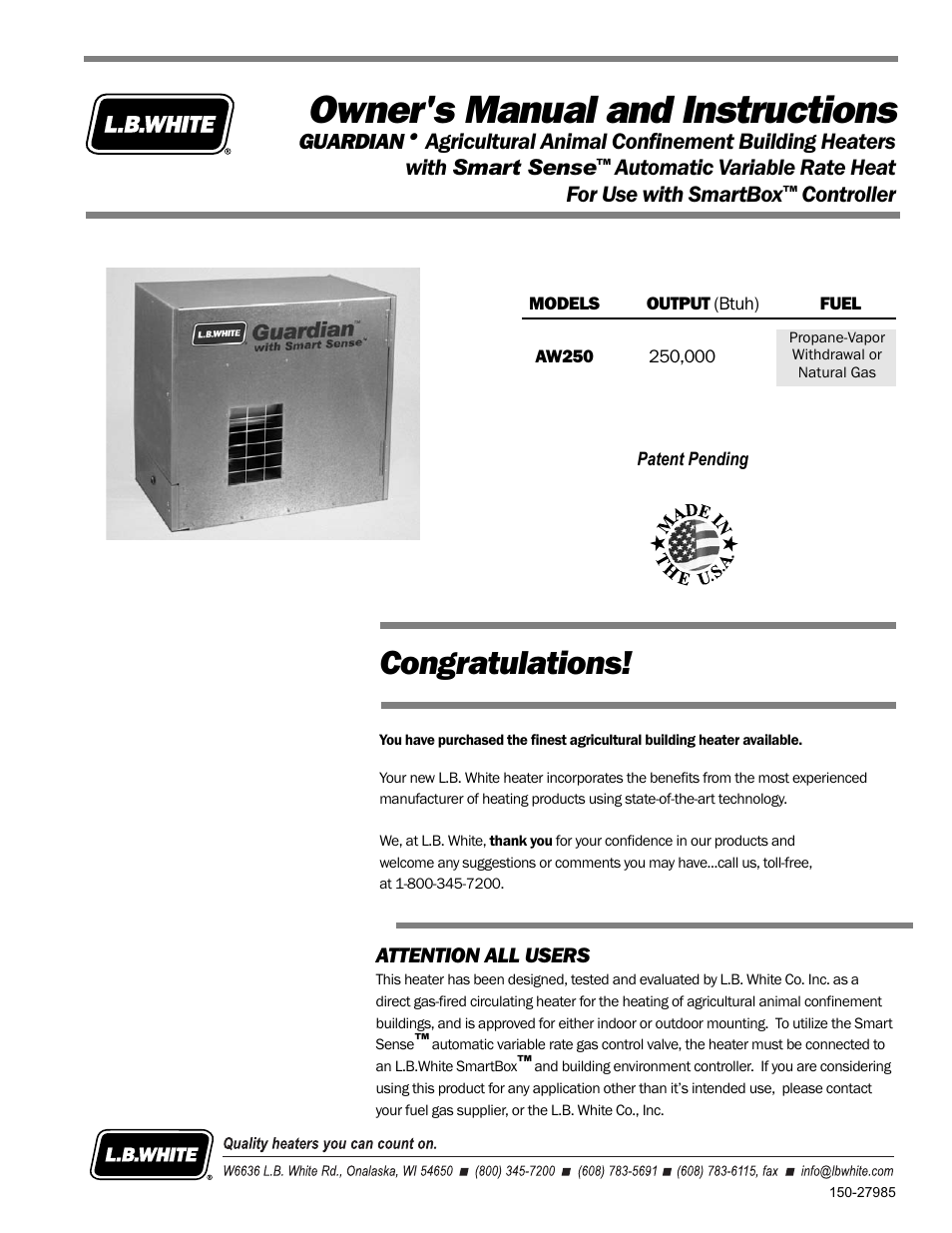 L.B. White AW250(Smart Box controller) User Manual | 31 pages