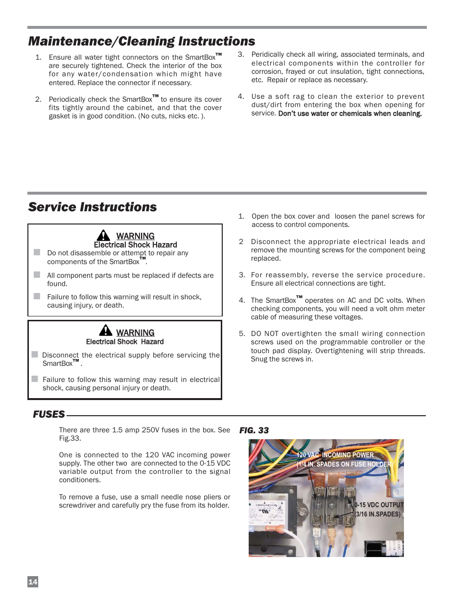 Maintenance/cleaning instructions, Service instructions, Fuses | L.B. White FA-MCS-D User Manual | Page 14 / 21