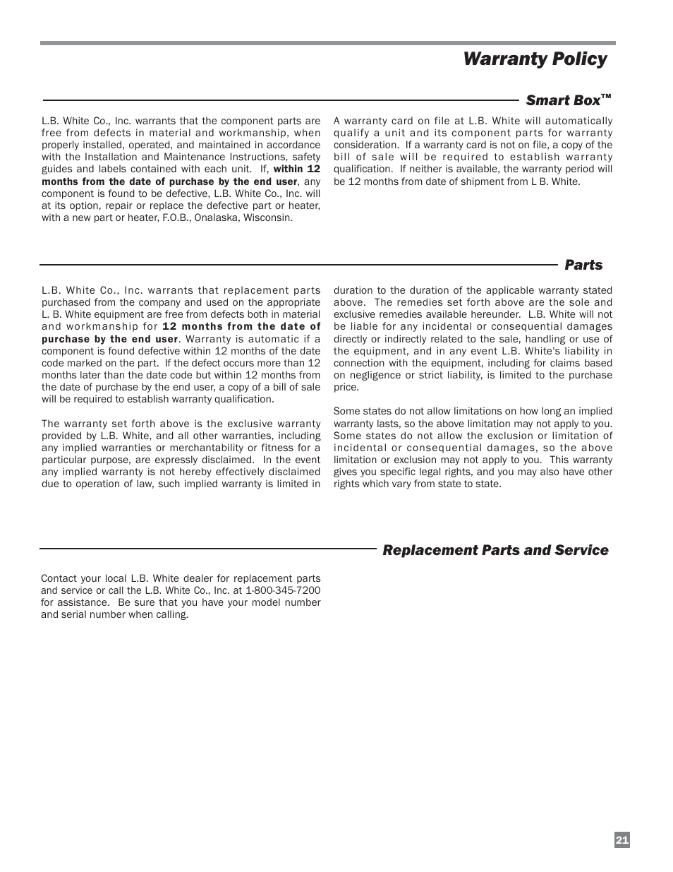 Warranty policy, Replacement parts and service smart box, Parts | L.B. White FA-MCS-D User Manual | Page 21 / 21