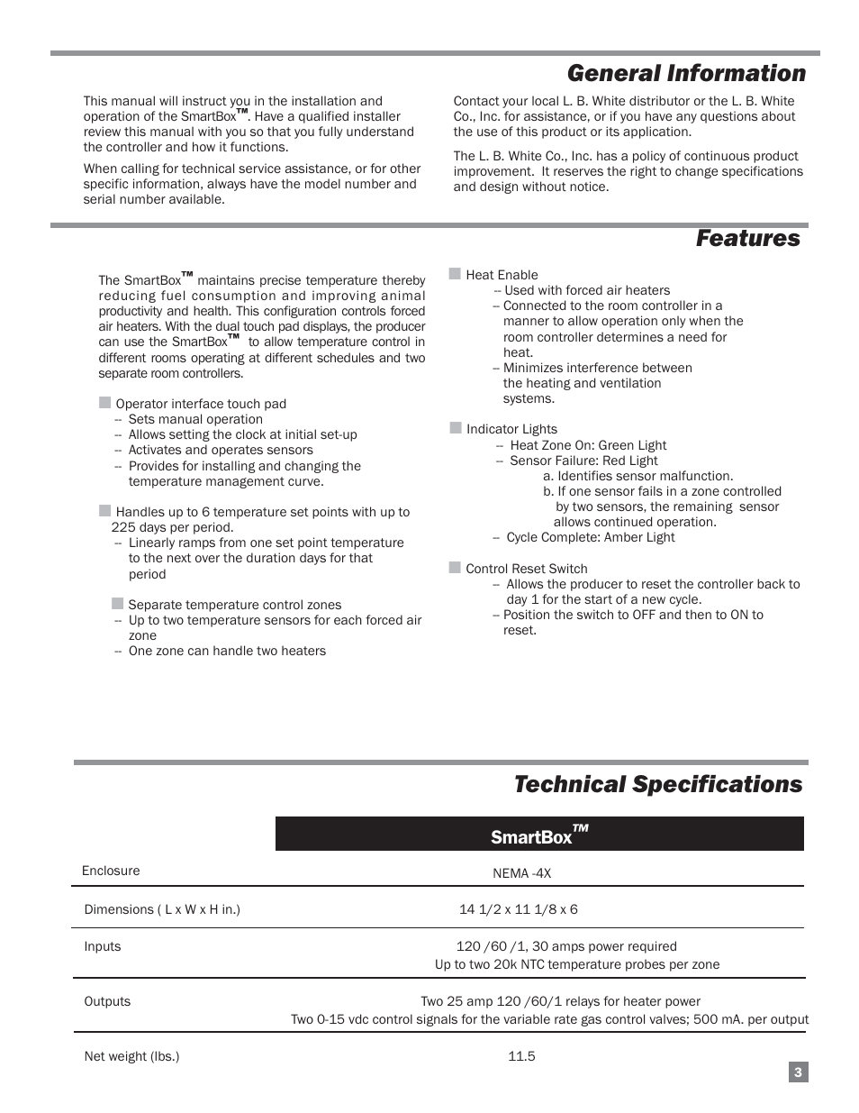 Technical specifications, Features general information, Smartbox | L.B. White FA-MCS-D User Manual | Page 3 / 21