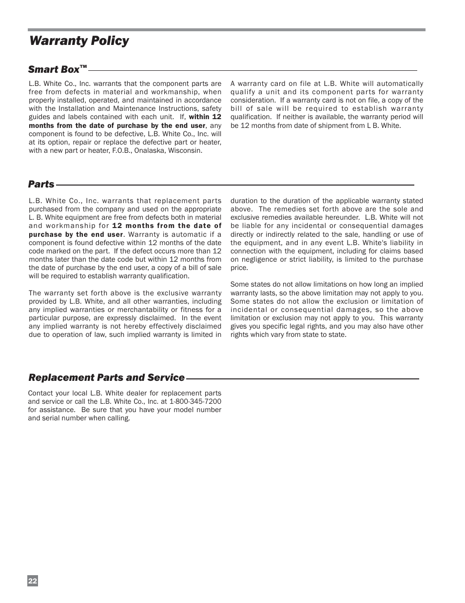 Warranty policy, Replacement parts and service smart box, Parts | L.B. White FA-MCS User Manual | Page 22 / 22