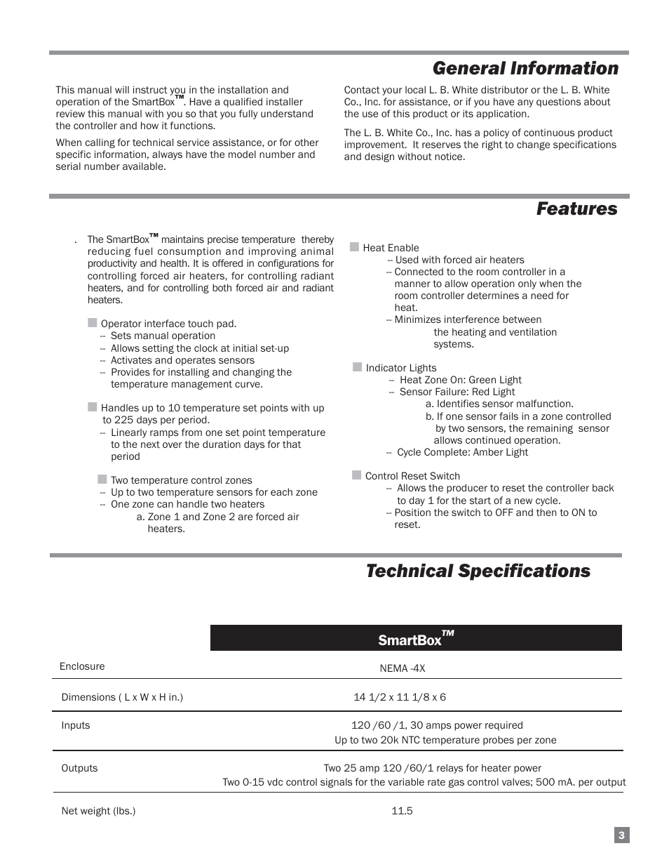 Technical specifications, Features, General information | Smartbox | L.B. White FA-MCS User Manual | Page 3 / 22