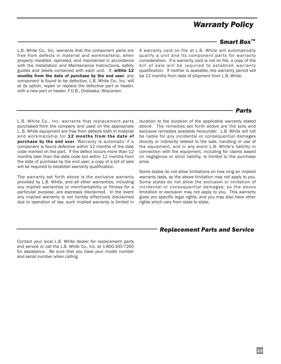 Warranty policy, Replacement parts and service smart box, Parts | L.B. White COMBO-MCS User Manual | Page 23 / 23