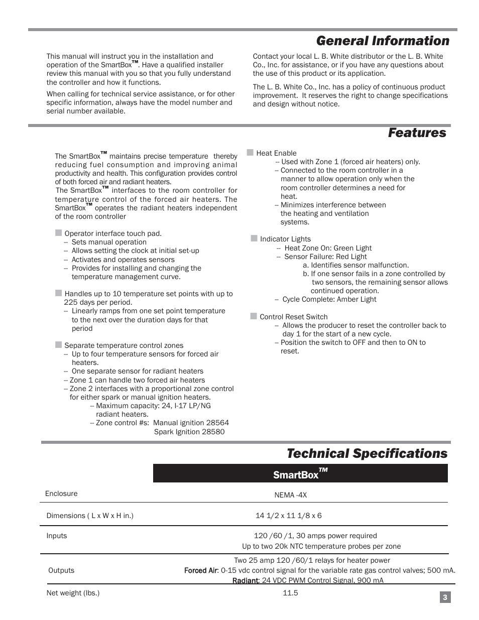 Technical specifications, Features general information, Smartbox | L.B. White COMBO-MCS User Manual | Page 3 / 23