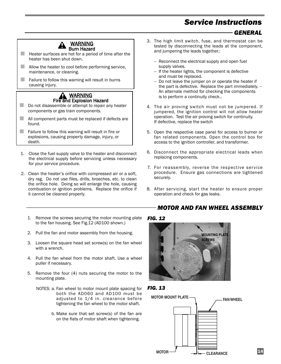 Service instructions, Motor and fan wheel assembly, General | L.B. White AD100 User Manual | Page 15 / 30