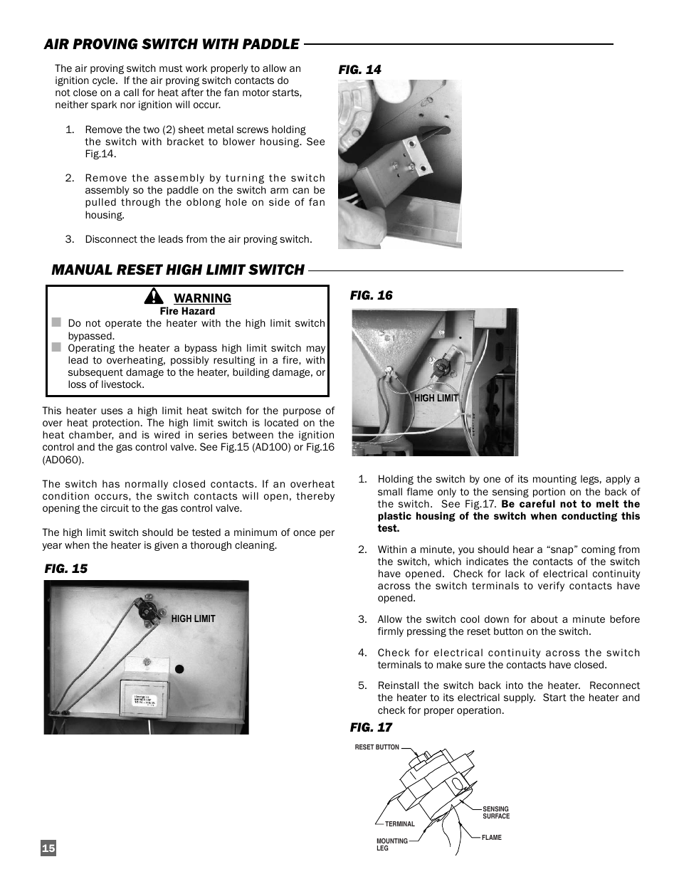 Manual reset high limit switch, Air proving switch with paddle | L.B. White AD100 User Manual | Page 16 / 30