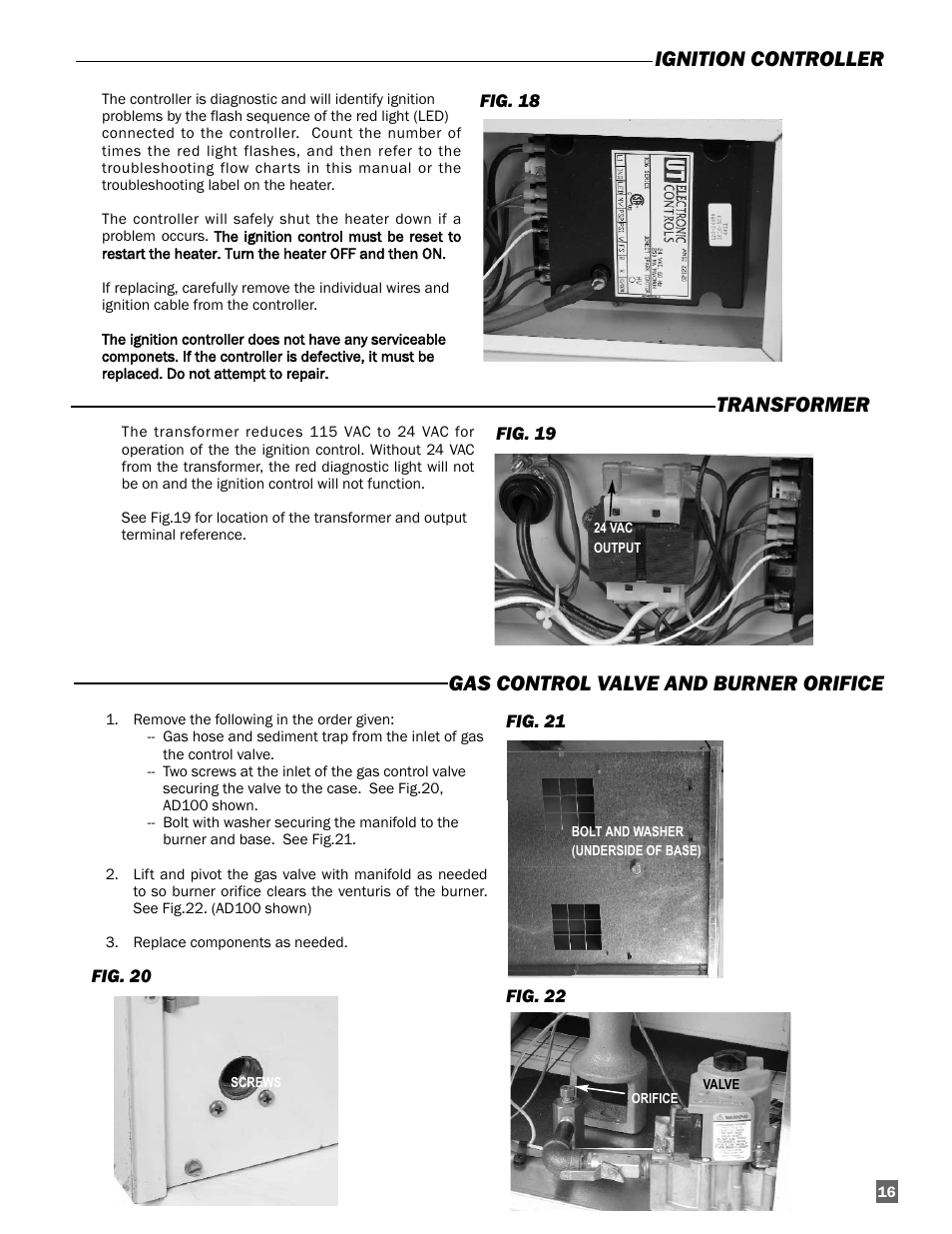 Ignition controller, Transformer, Gas control valve and burner orifice | L.B. White AD100 User Manual | Page 17 / 30