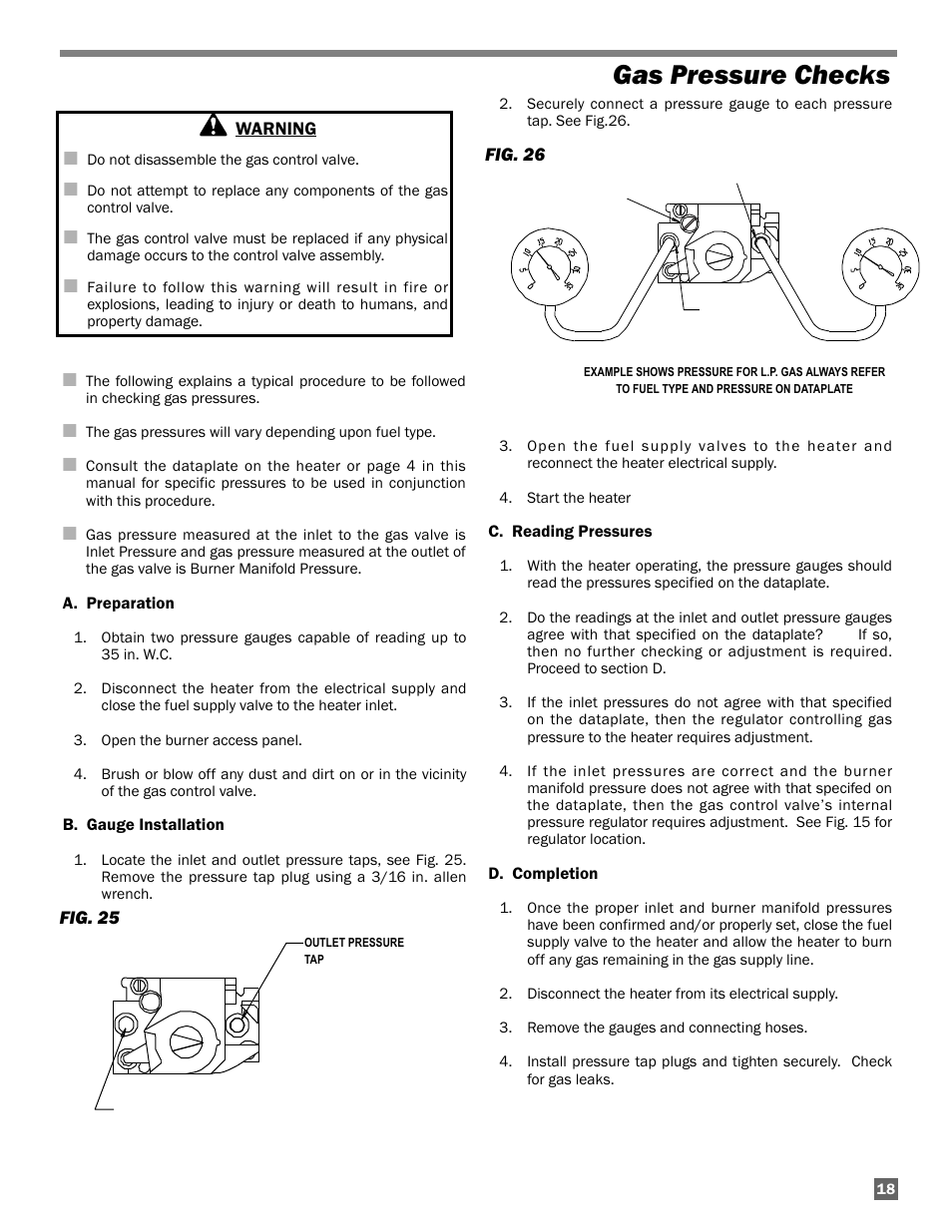 Gas pressure checks, Fig. 25, Fig. 26 | Warning | L.B. White AD100 User Manual | Page 19 / 30