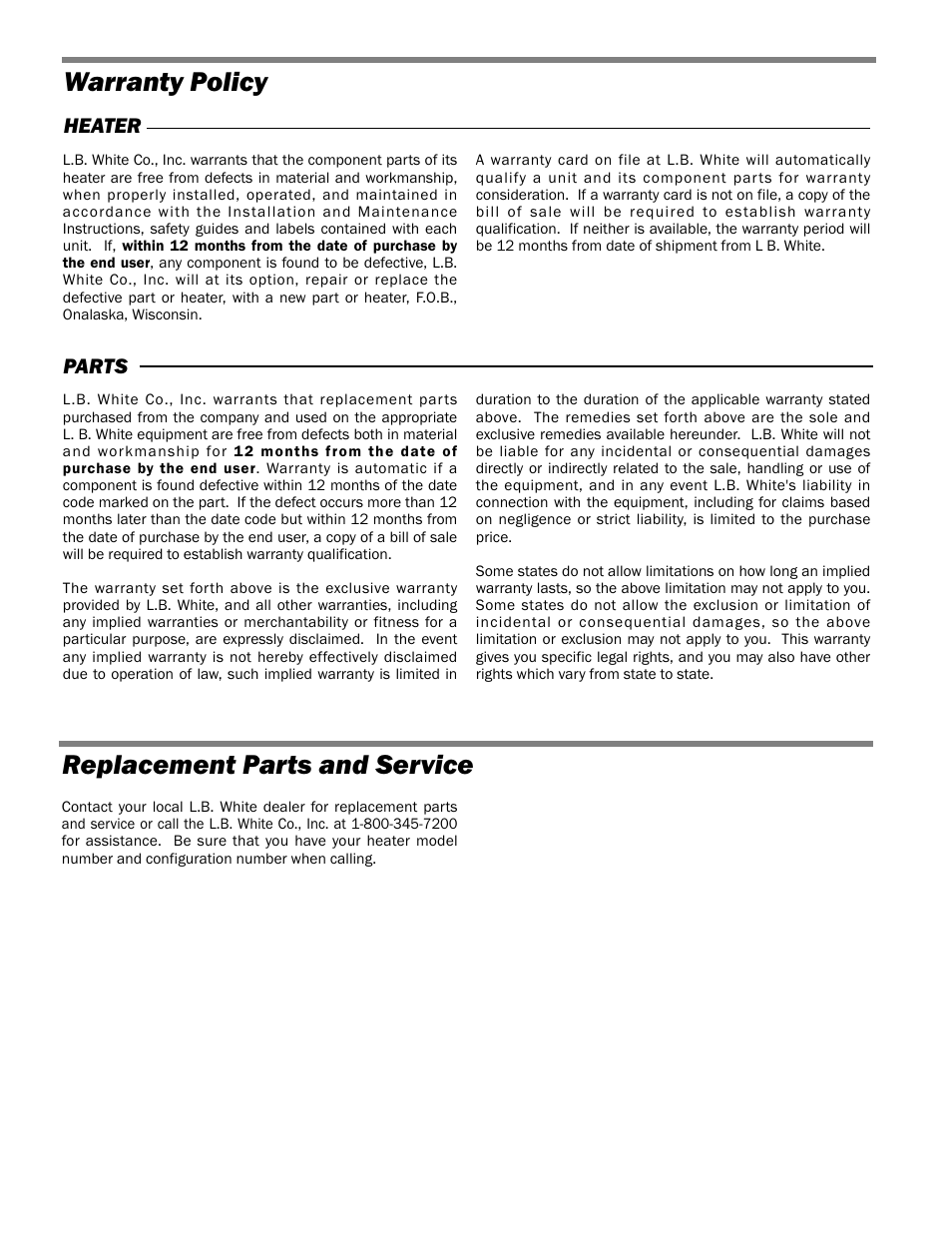 Warranty policy replacement parts and service | L.B. White AD100 User Manual | Page 30 / 30